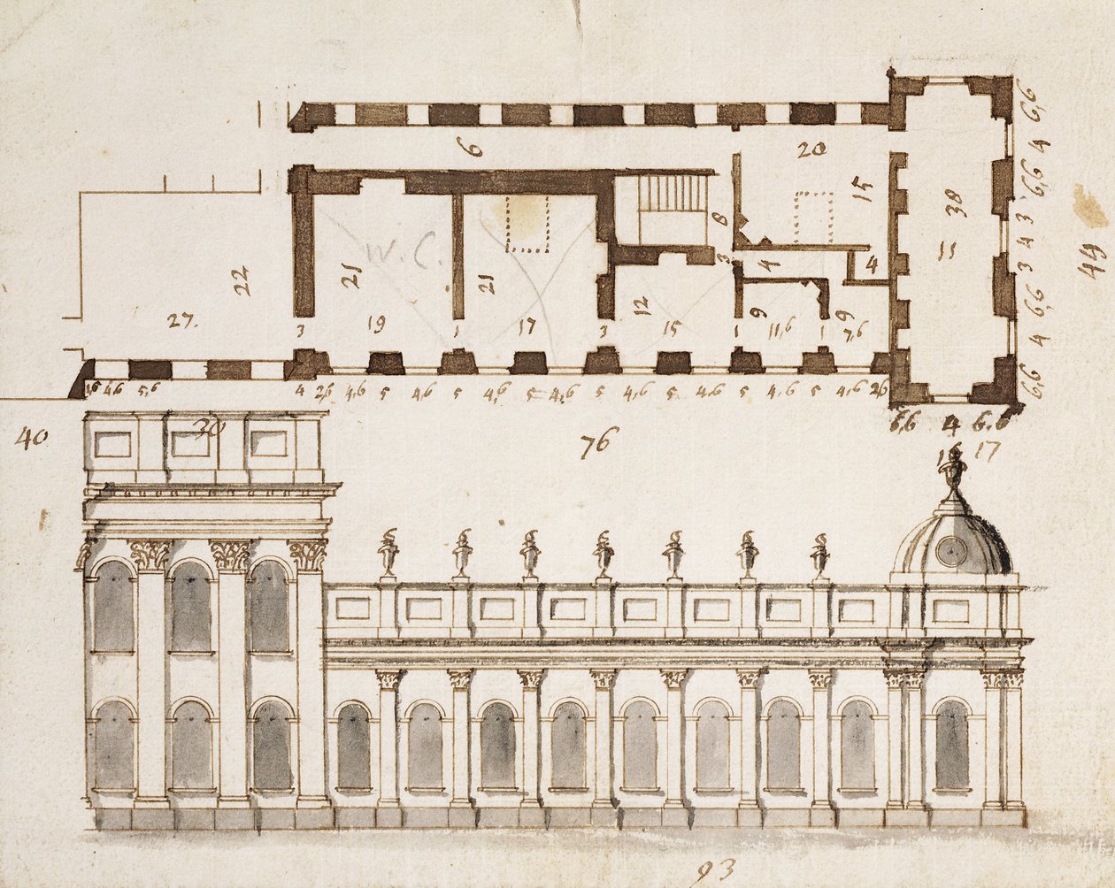 Castle Howard, Yorkshire: An Early Design for the three Bays of the Elevation of the South or Garden Front and nine Bay single storey lower lateral wings with an Inset of the Ground Plan by John Vanbrugh