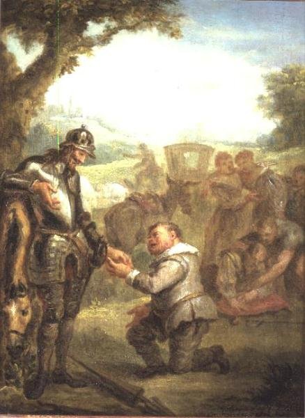 Don Quixote after the duel with the brave Biscayan, leans on his horse Rosinante, while Sancho Panchez asks for the governorship of the island of Barataria, scene from Cervantes