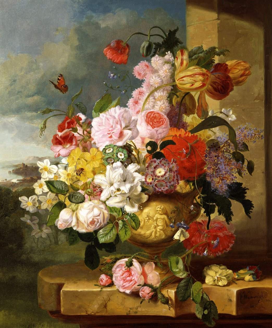 Still Life of Flowers in a Vase (including daffodils, roses, tulips, and primroses). Painting by John Wainewright (born in the 19th century) Private Collection. by John Wainewright
