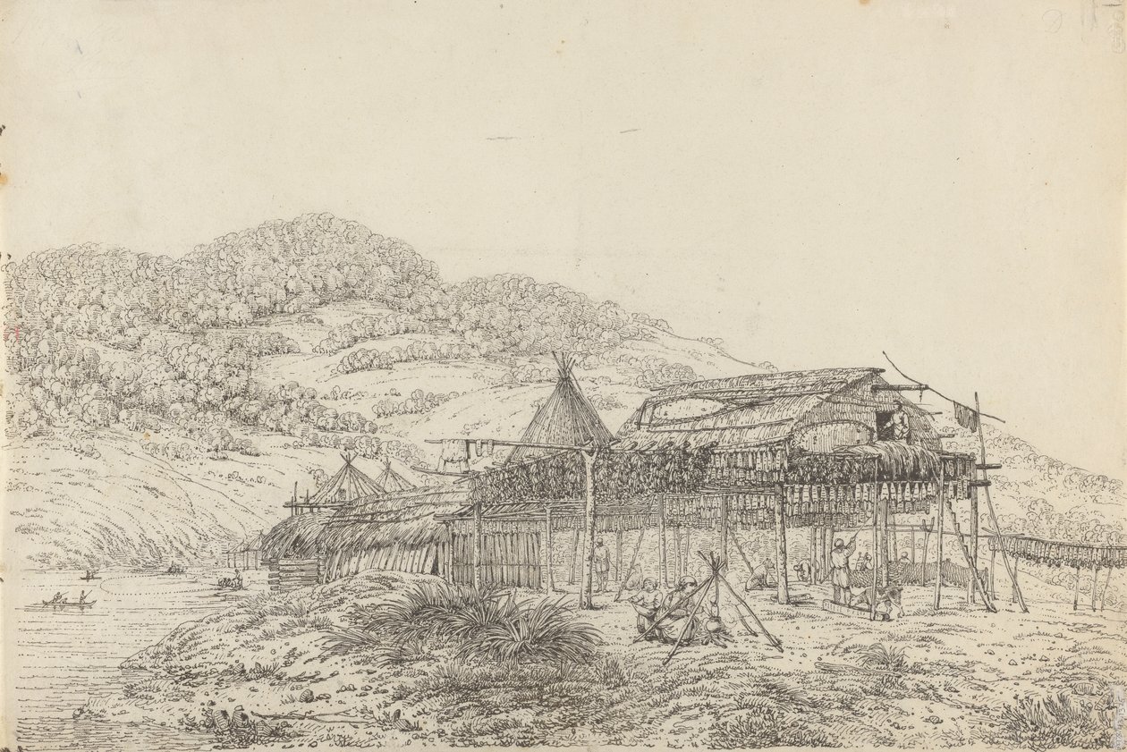 The Balagans or Summer Habitations, with the Method of Drying Fish, at St. Peter and Paul, Kamtschatka by John Webber