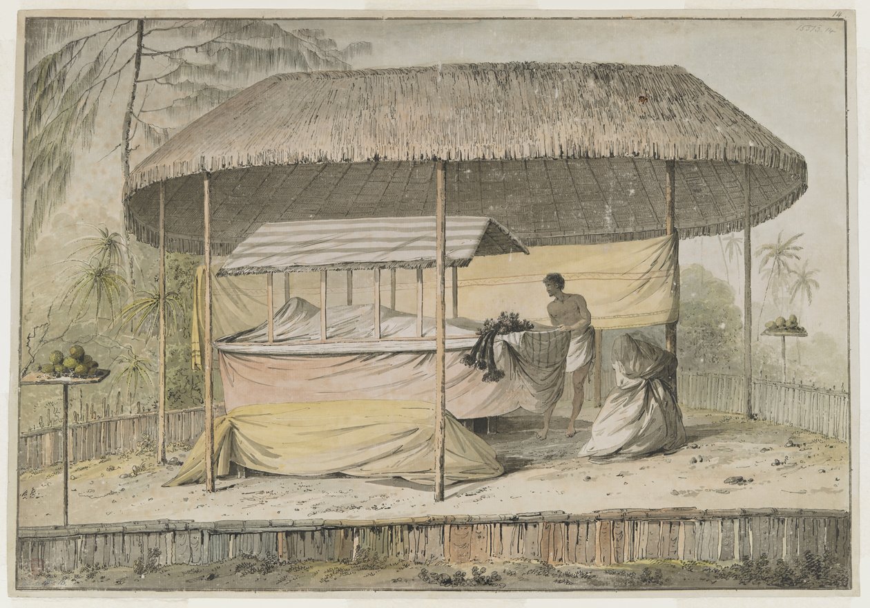 Waheiadooa, Häuptling von Oheitepeha, aufgebahrt, aufgezeichnet von Captain Cook während seines Besuchs auf Tahiti am 19. August 1777 von John Webber