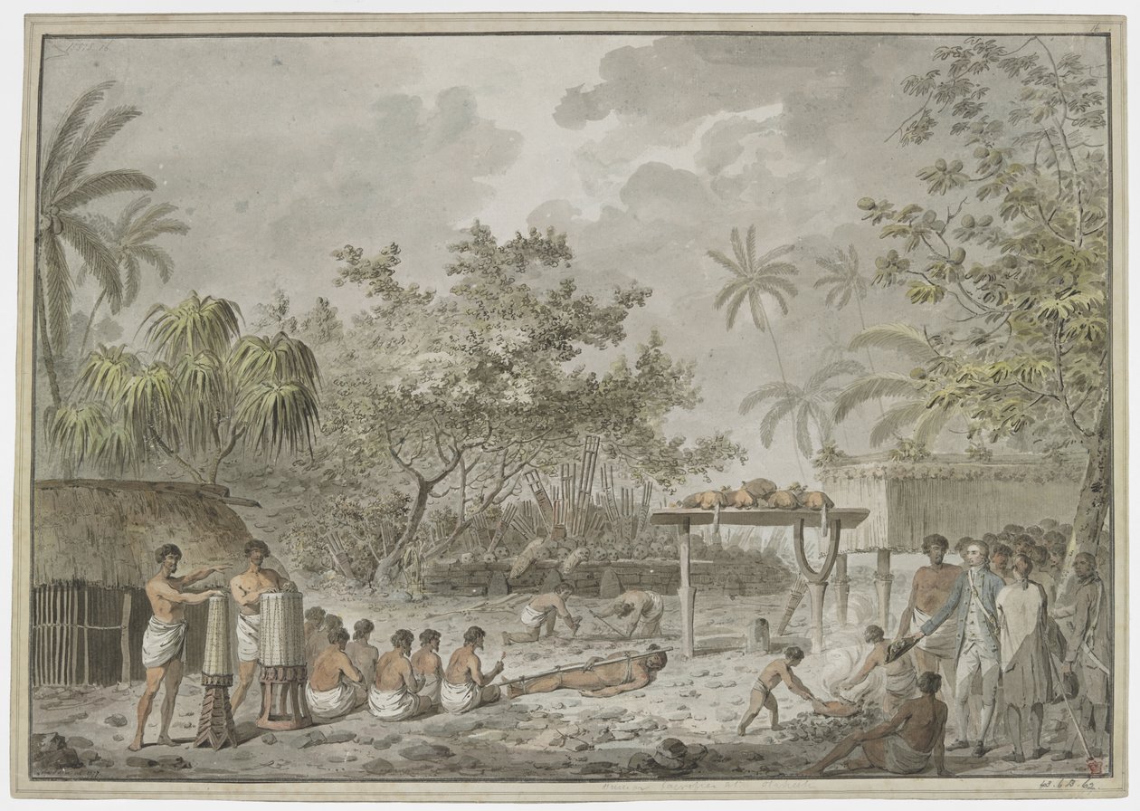 Human Sacrifice at the Great Morai at Attahouroo, Tahiti, witnessed by Captain Cook on 1 September 1777 by John Webber