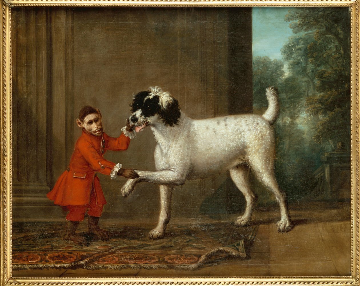 A Monkey wearing Crimson Livery dancing with a Poodle on the Terrace of a Country House by John Wootton