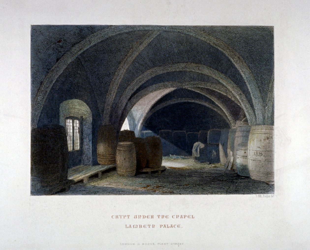 Crypt filled with barrels under the chapel at Lambeth Palace, London by John Wykeham Archer