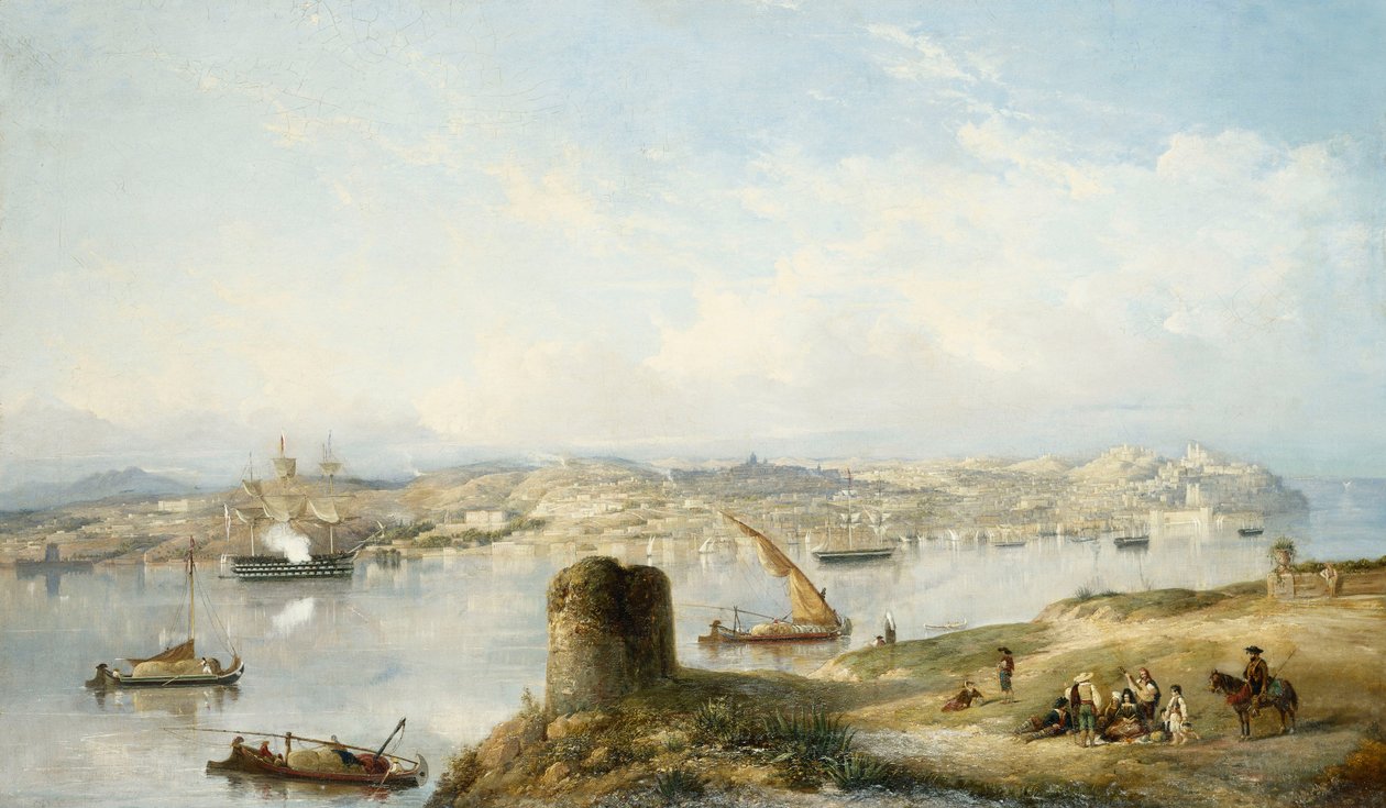 An Extensive View of Lisbon on the River Tejo with the Praca do Terreiro do Paco, the Old Cathedral and the Castelo de S. Jorge by John or Giovanni Schranz