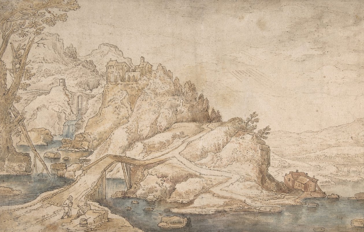 Hilly Landscape with River, Bridge and Houses with Two Figures at Left by Joos de Momper the Younger.