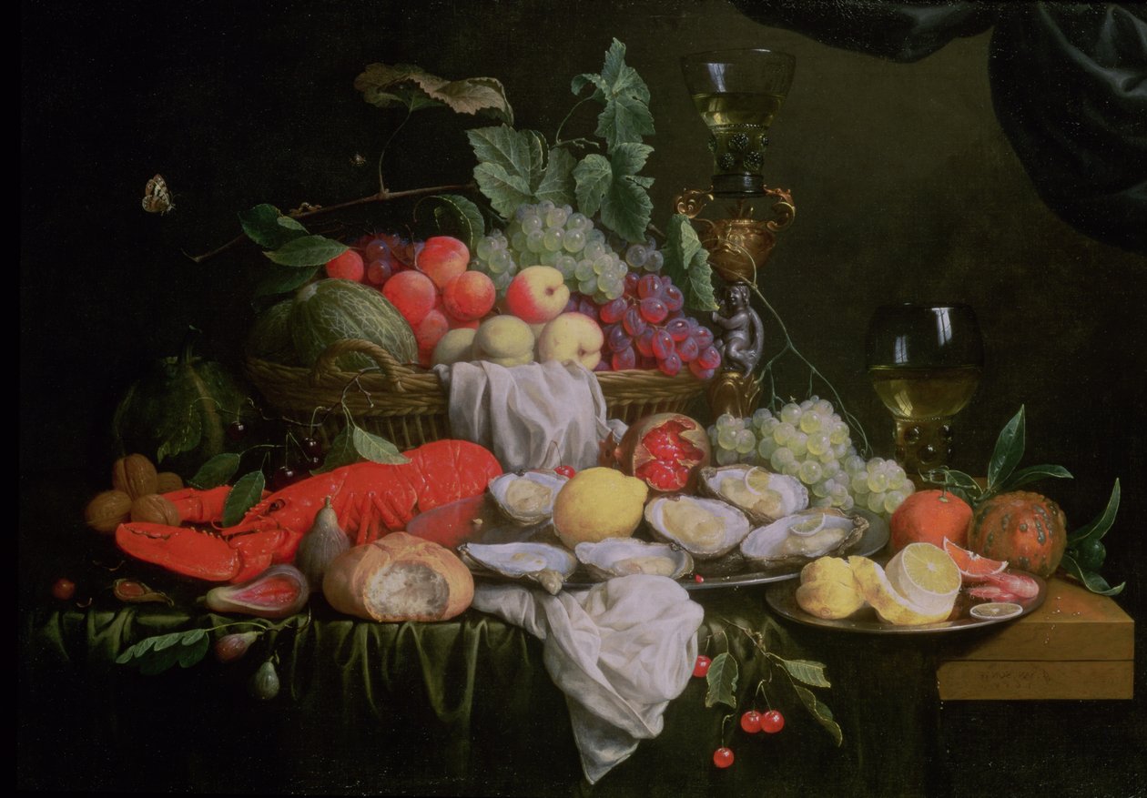 Still Life with Lemon, Oysters, Lobster and Fruit by Joris van Son