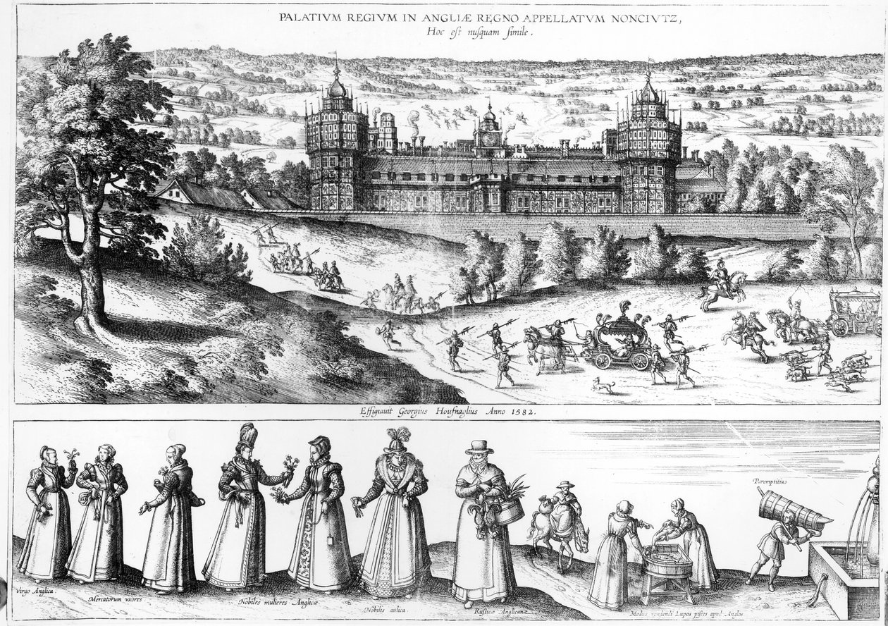 Arrival of Queen Elizabeth I at Nonesuch Palace and men and women from Tudor society, 1582 by Joris Hoefnagel