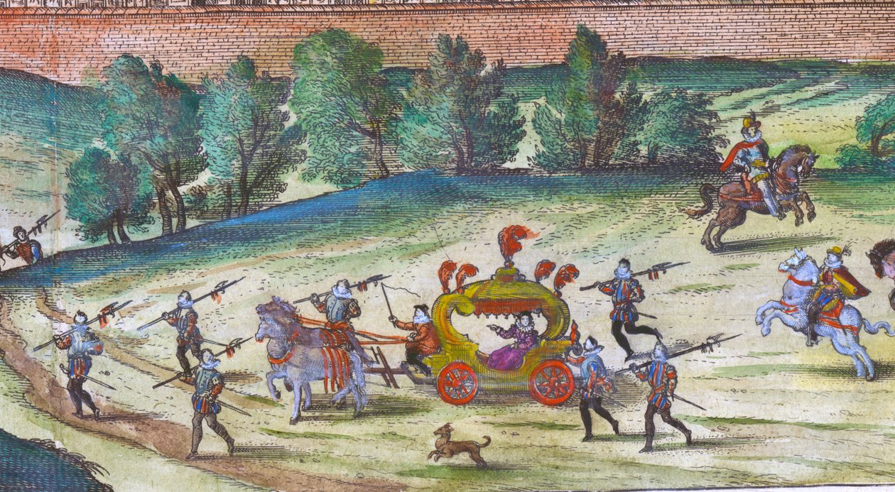 Arrival of Queen Elizabeth I at Nonesuch Palace with Her Courtiers, Guards, and Dogs (detail) by Joris Hoefnagel