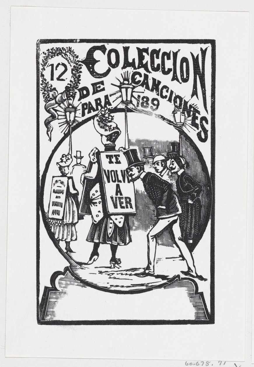 A man bending down to look at a woman with a sign on her back, illustration by José Guadalupe Posada