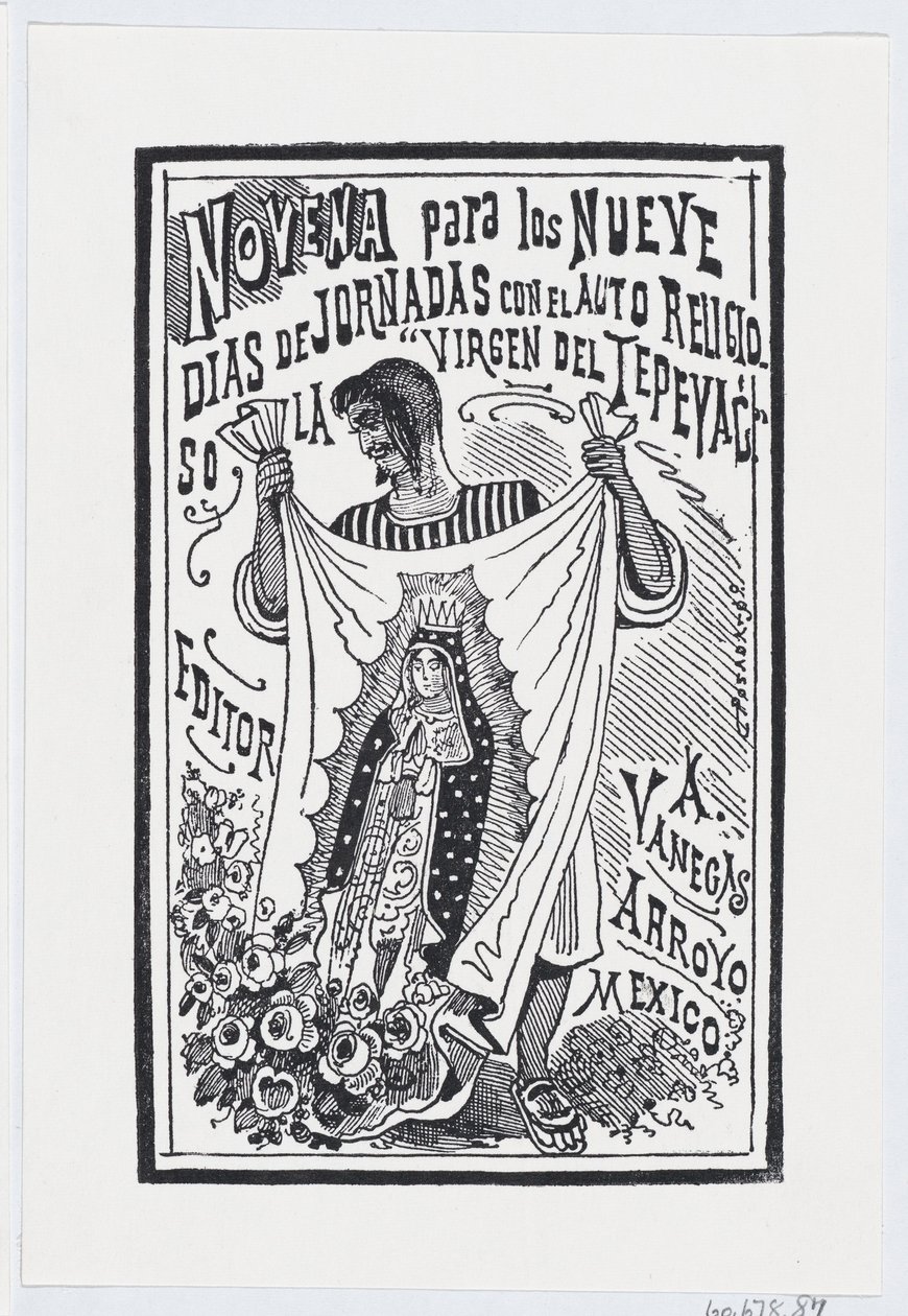 A Man Holding Up a Piece of Fabric with an Image of the Virgin by José Guadalupe Posada