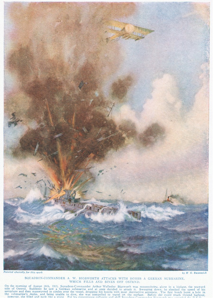 Squadron-Commander A.W. Bigsworth attacks with bombs a German submarine, which fills with water and sinks off Ostend, illustration from 