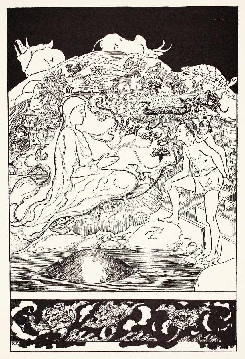 Pau Amma the Crab Running Away While the Eldest Magician Was Talking to the Man and His Little Girl Daughter, illustration from 