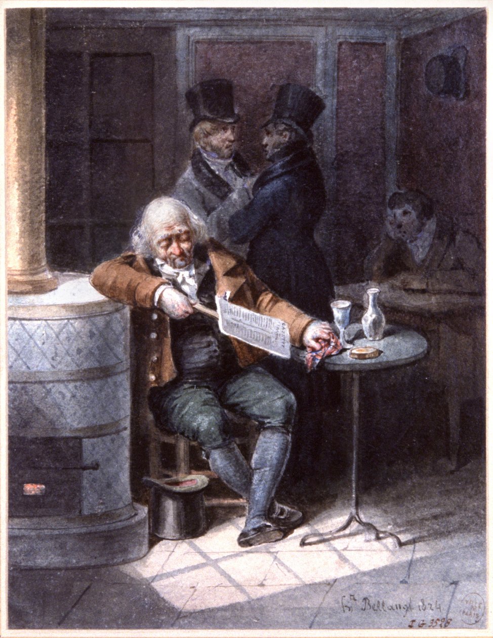 Old Man Reading Newspaper in a Cafe, Paris by Joseph Louis Hippolyte Bellange