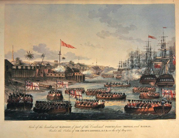View of the landing at Rangoon of part of the combined forces from Bengal and Madras, under the orders of Sir Archibald Campbell, on the 11th May 1825, engraved by Henry Pyall by Joseph (after) Moore