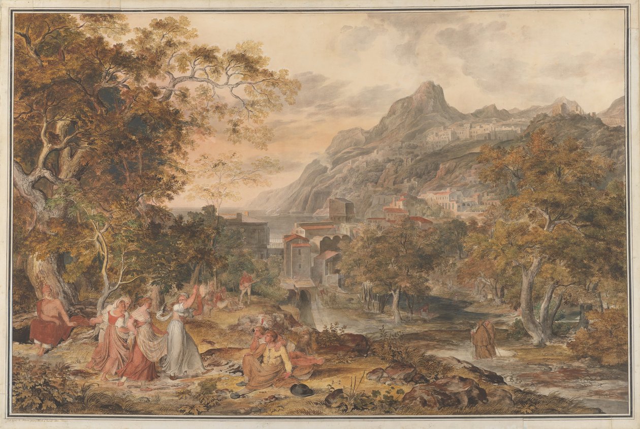 View of Vietri with Young Country Women Dancing for Shepherds in the Foreground by Joseph Anton Koch