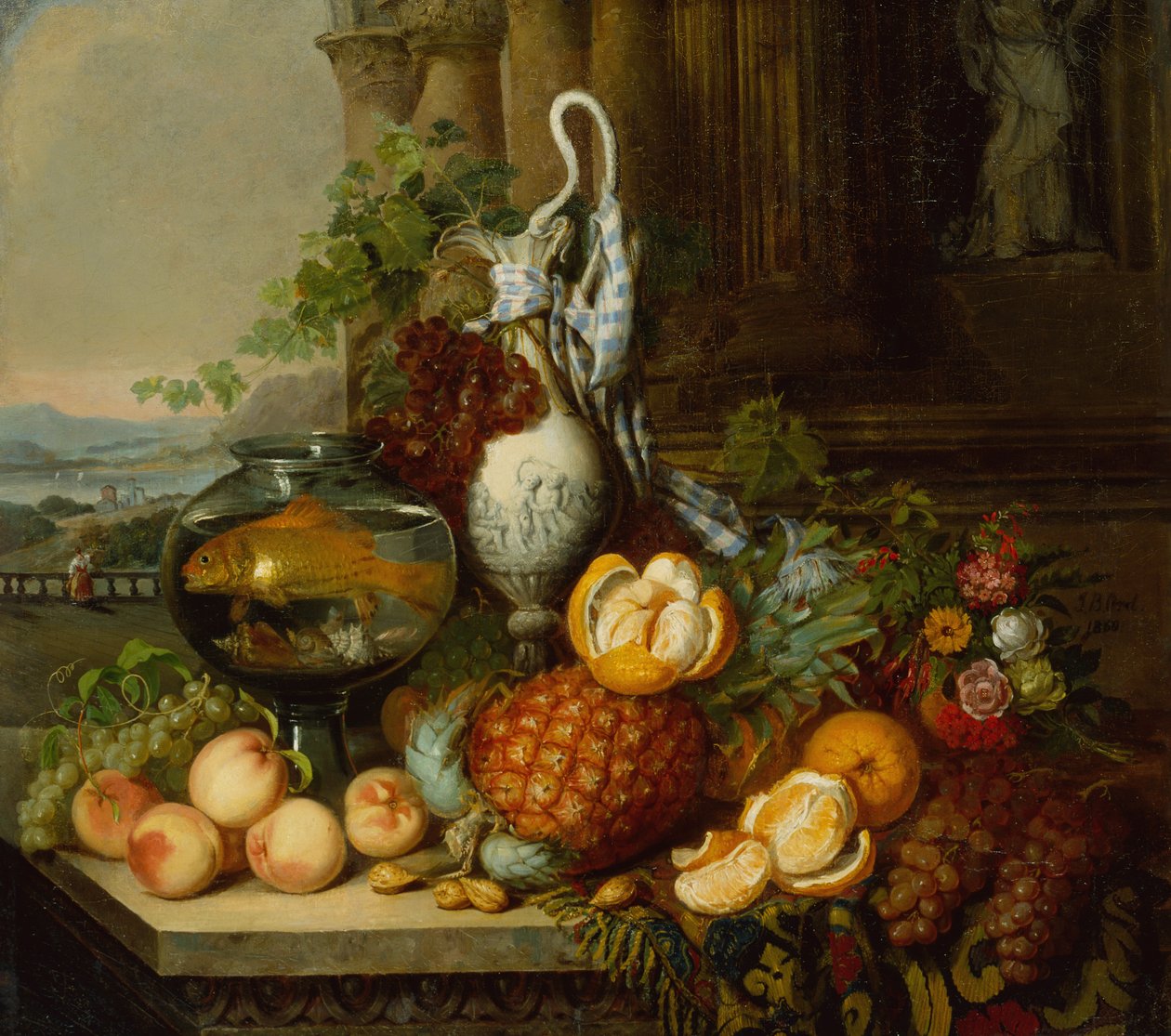 Still Life with Fruit, Fishbowl and Landscape by Joseph Biays Ord