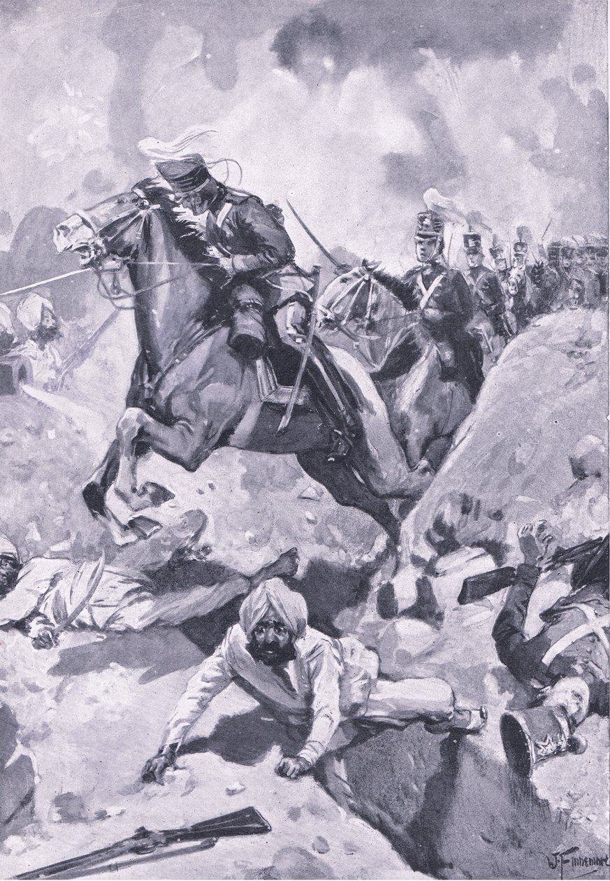 Sobraon: Sir Joseph Thackwell leading the 3rd Light Dragoons in single file through some Sikh earthworks by Joseph Finnemore