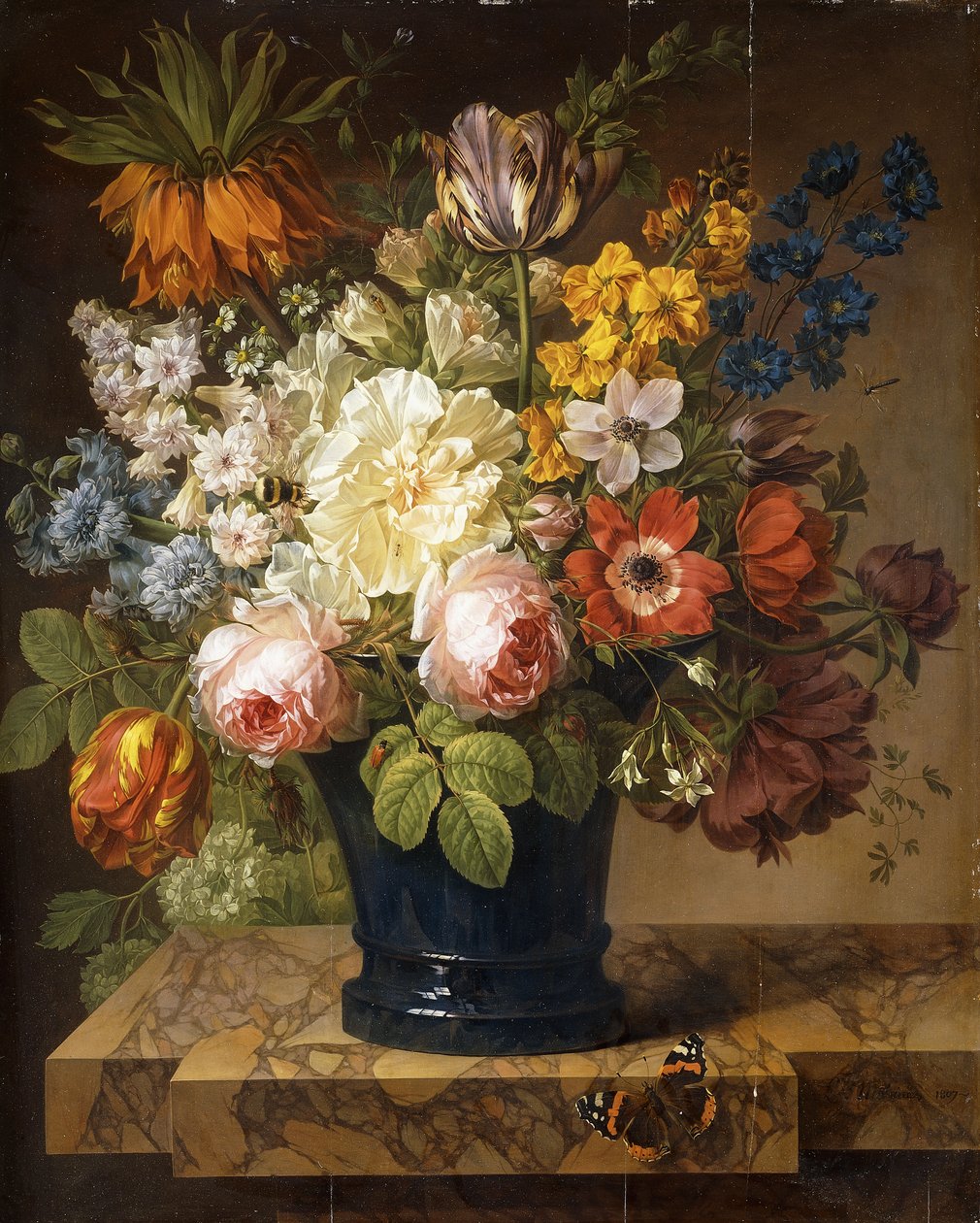 Flowers in a Vase on a Marble Ledge with a Red Admiral, a Bumble Bee, Two Beetles and a Dragonfly by Joseph Laurent Malaine