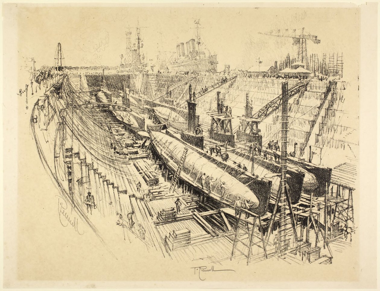 Submarines in Dry Dock by Joseph Pennell