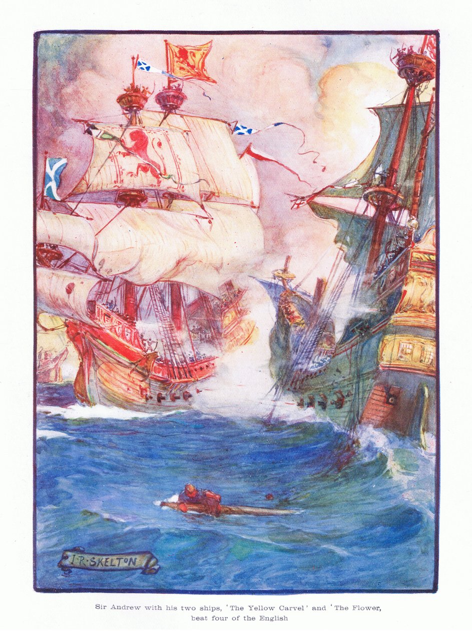 Sir Andrew with His Two Ships the Yellow Carvel and the Flower, Beat Five of the English Ships by Joseph Ratcliffe Skelton