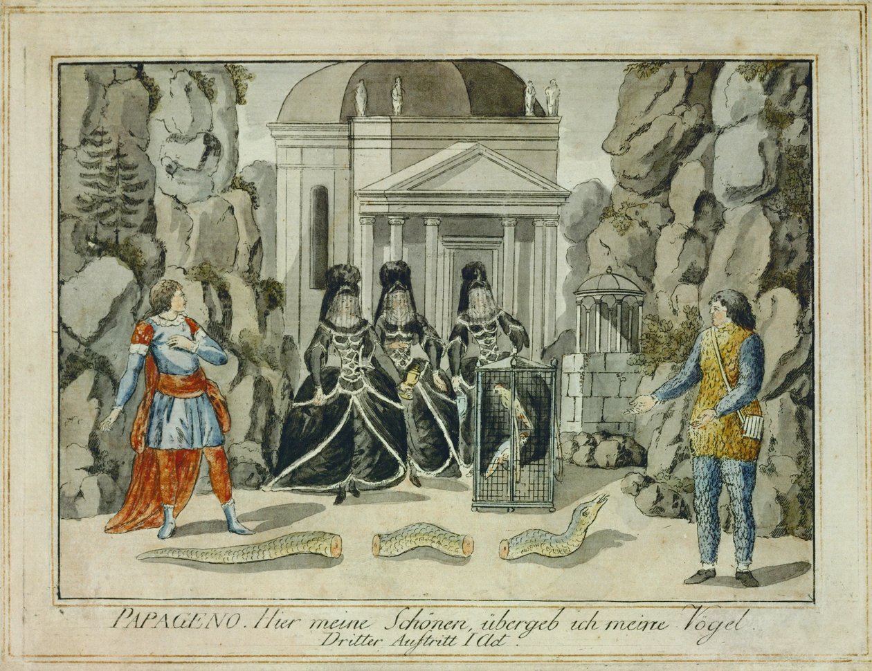 Tamino and Papageno with the Three Ladies (engraving) by Joseph Schaffer