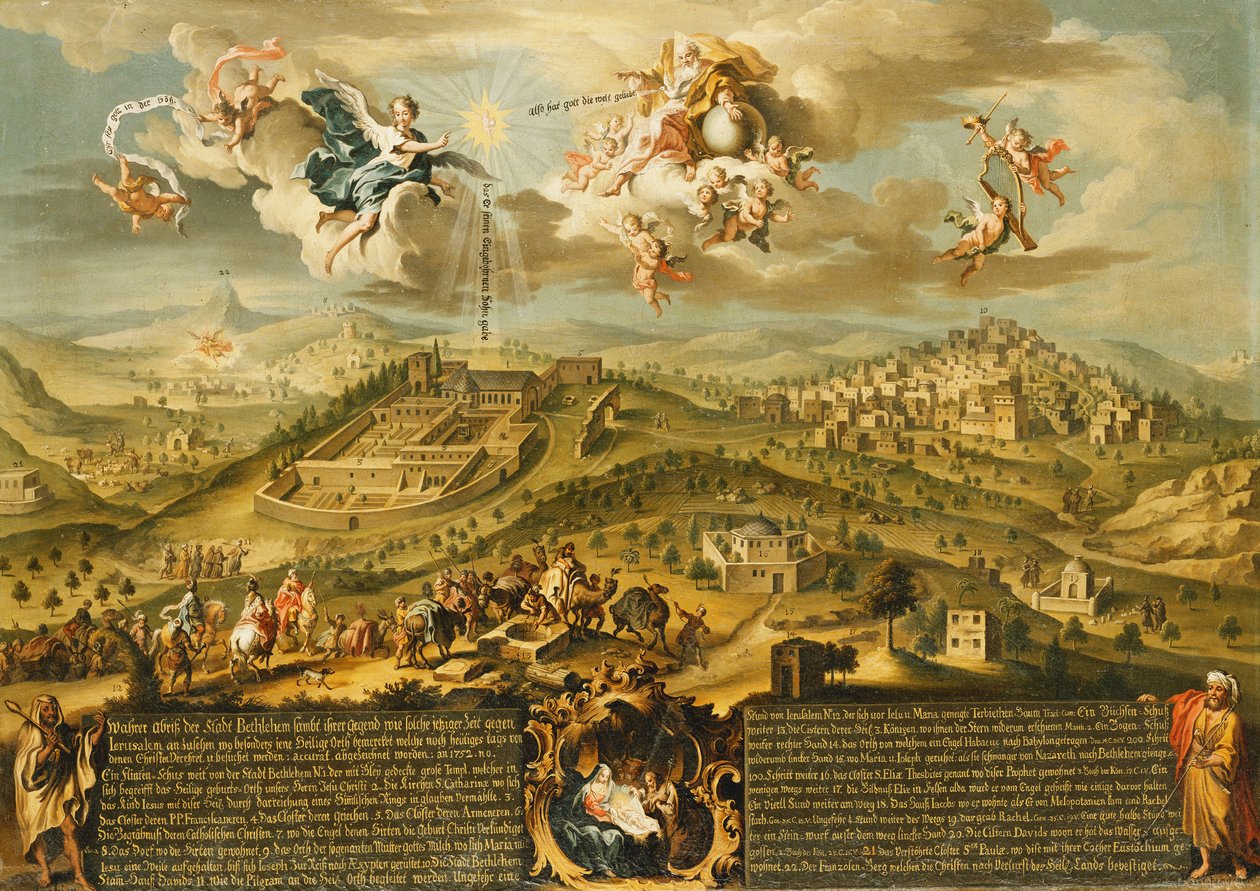 A View of Bethlehem with the Journey of the Magi, the Trinity Above and the Nativity in a Painted Cartouche Below by Joseph Stephan