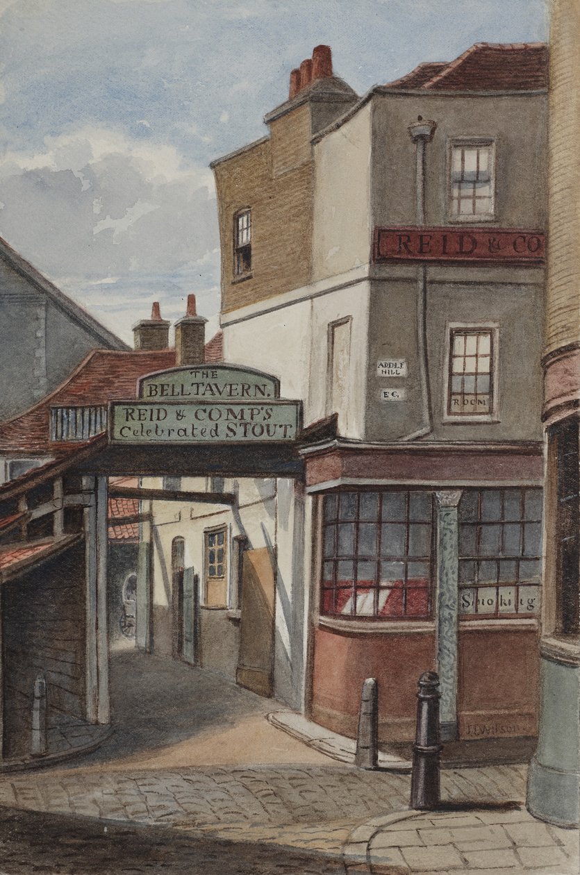 View of Bell Tavern, Addle Hill, showing sign for Reid and Companys celebrated stout, and a kerb post by Joseph Thomas Wilson