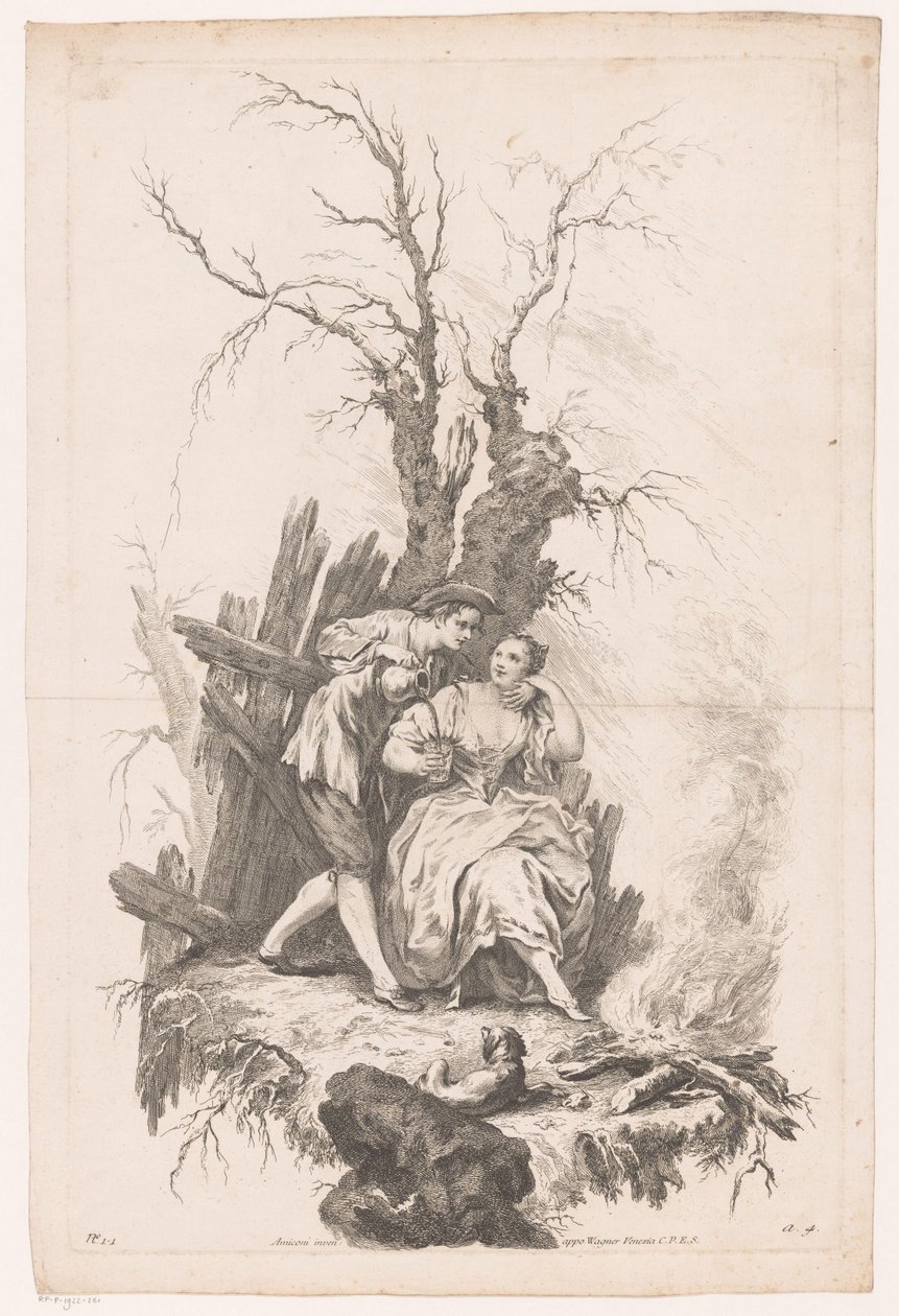 Man and Woman with Dog by a Fire by Joseph Wagner (possibly)