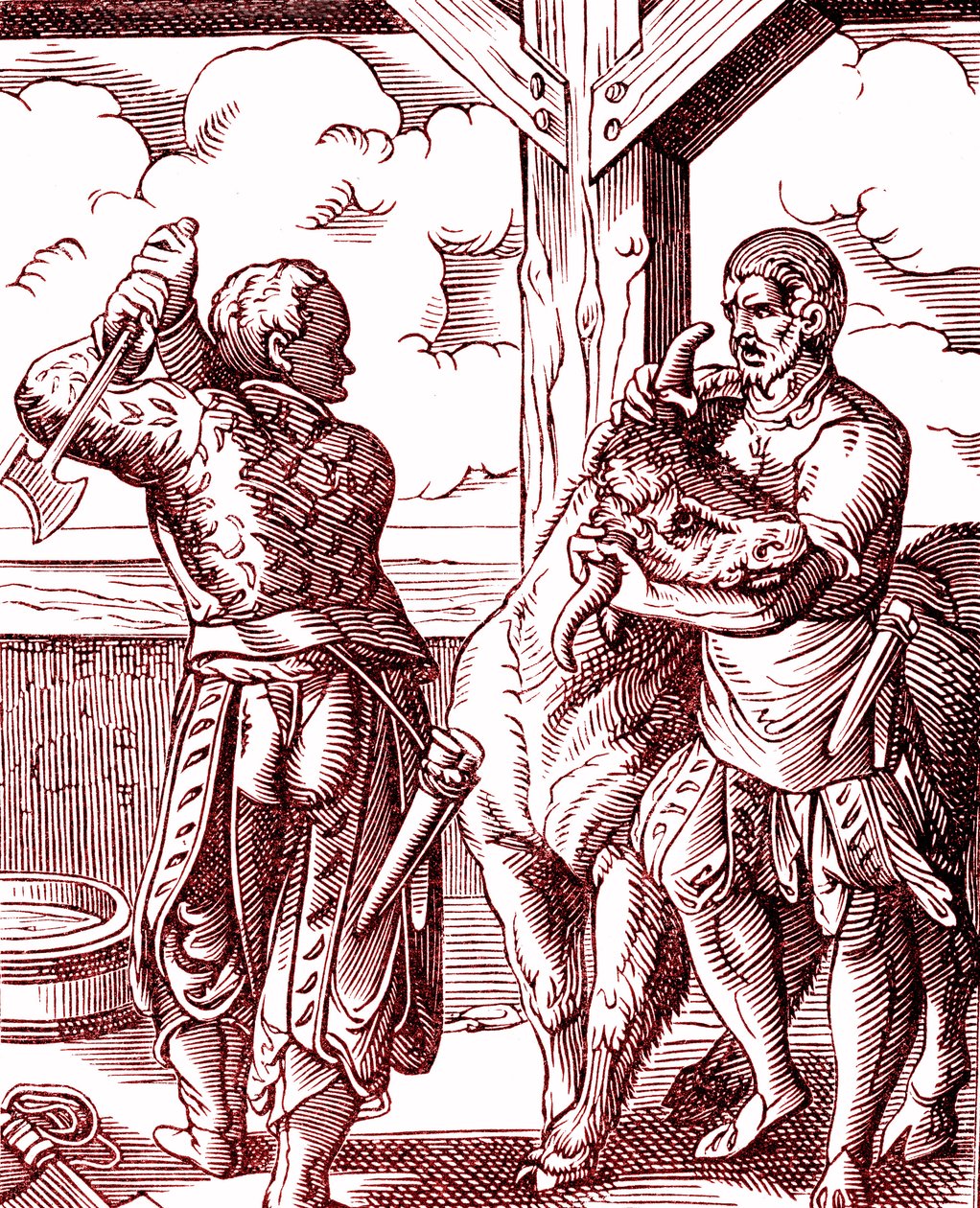 A Butcher - Food and Cooking in the Middle Ages. Engraving by Jost Amman (1539-1591). Engraving 1878 by Jost (after) Amman