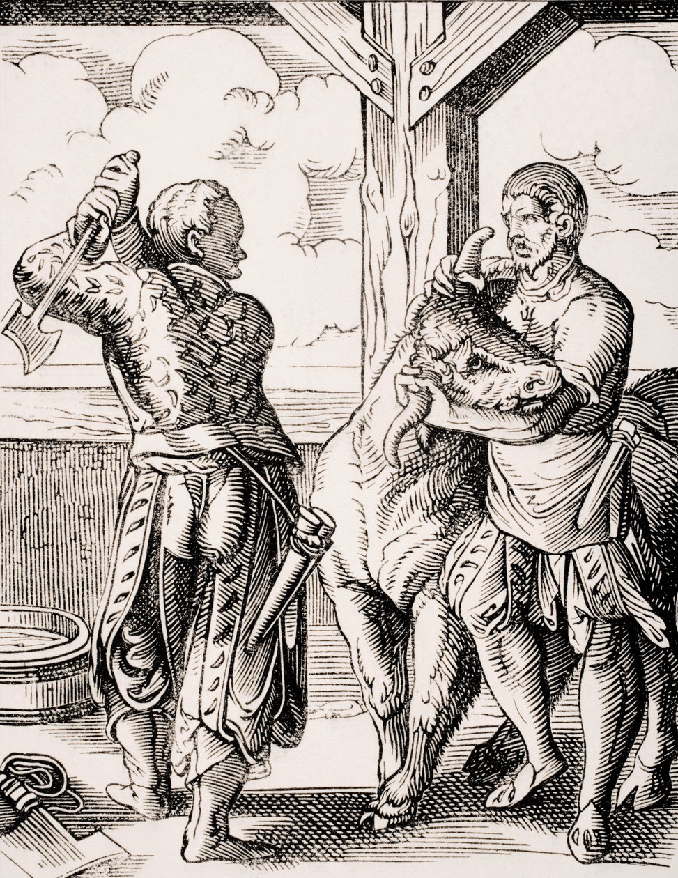 The Butcher and His Assistant, Reproduction of a 16th Century Engraving by Jost Amman from 
