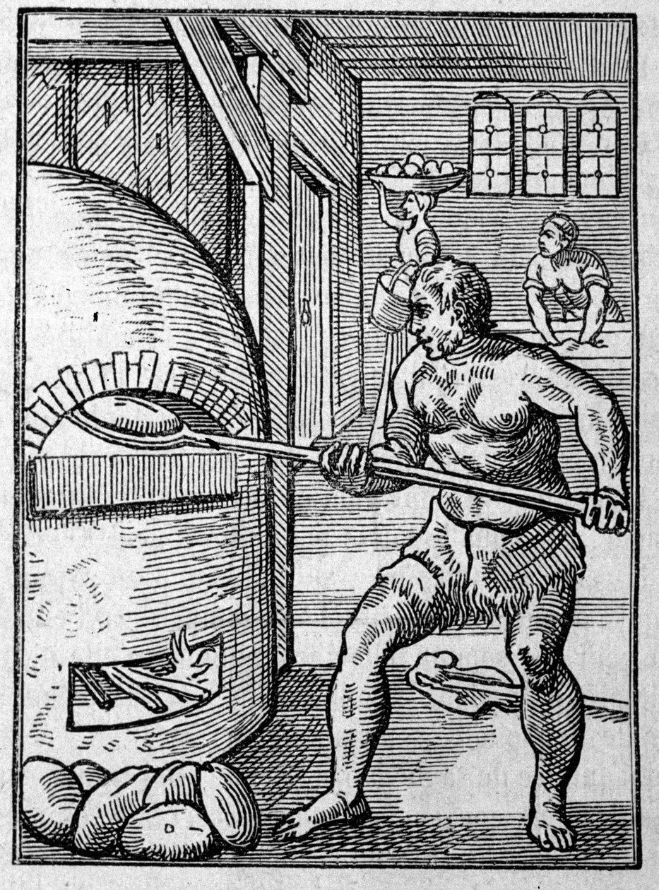 A Baker Baking Bread in an Oven. Engraving by Jost Amman, 16th century by Jost Amman