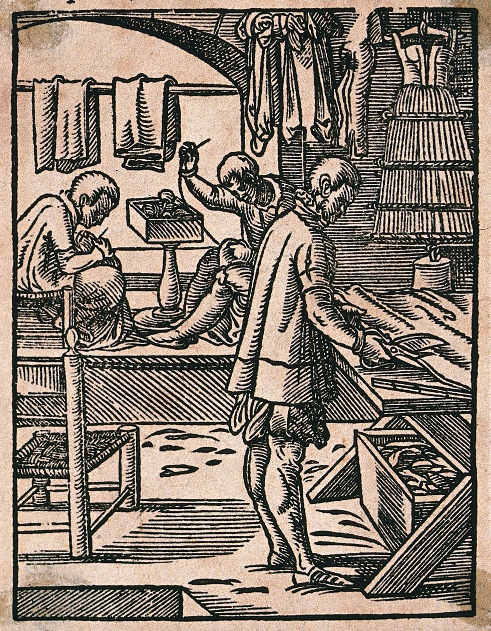 A tailor cutting cloth with scissors while his colleagues sew at a bench. Woodcut by J. Amman. by Jost Amman