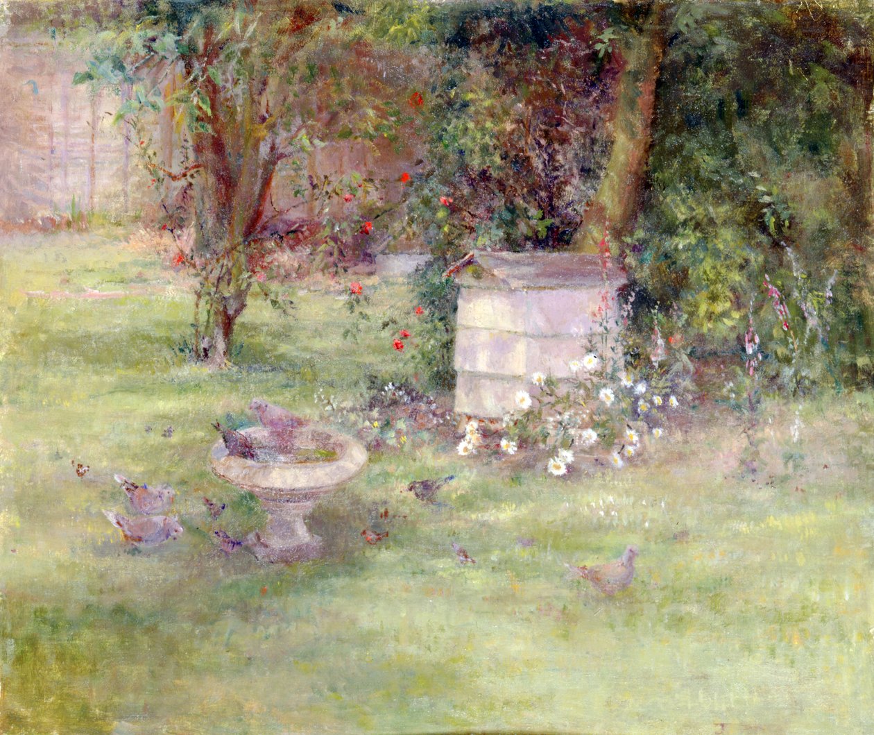 Birdbath in a Yard by Joyce Haddon