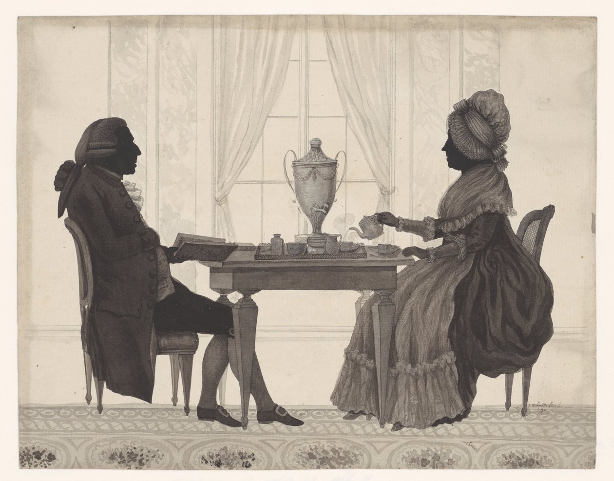 Silhouettes of Louis Metayer (1728) and Antoinette Bernard (1735) at the Table by Jozef Adolf Schmetterling