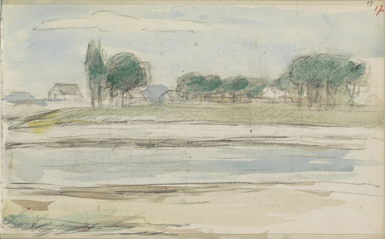 Landscape with water and houses by a dike by Jozef Israëls