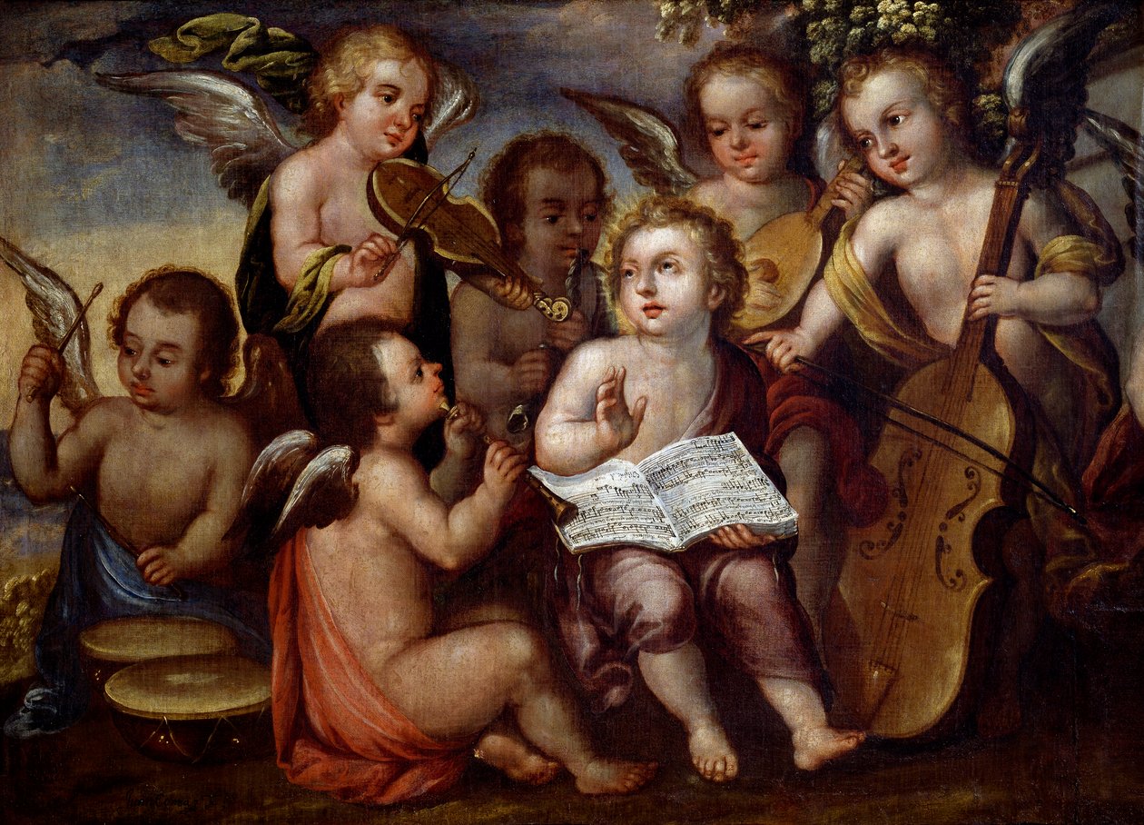 Baby Jesus with angels playing musical instruments