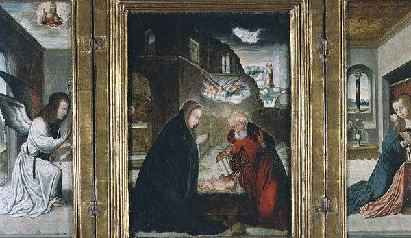 The Birth of Christ Triptych with the Nativity flanked by the Annunciation by Juan de (school of) Flandes