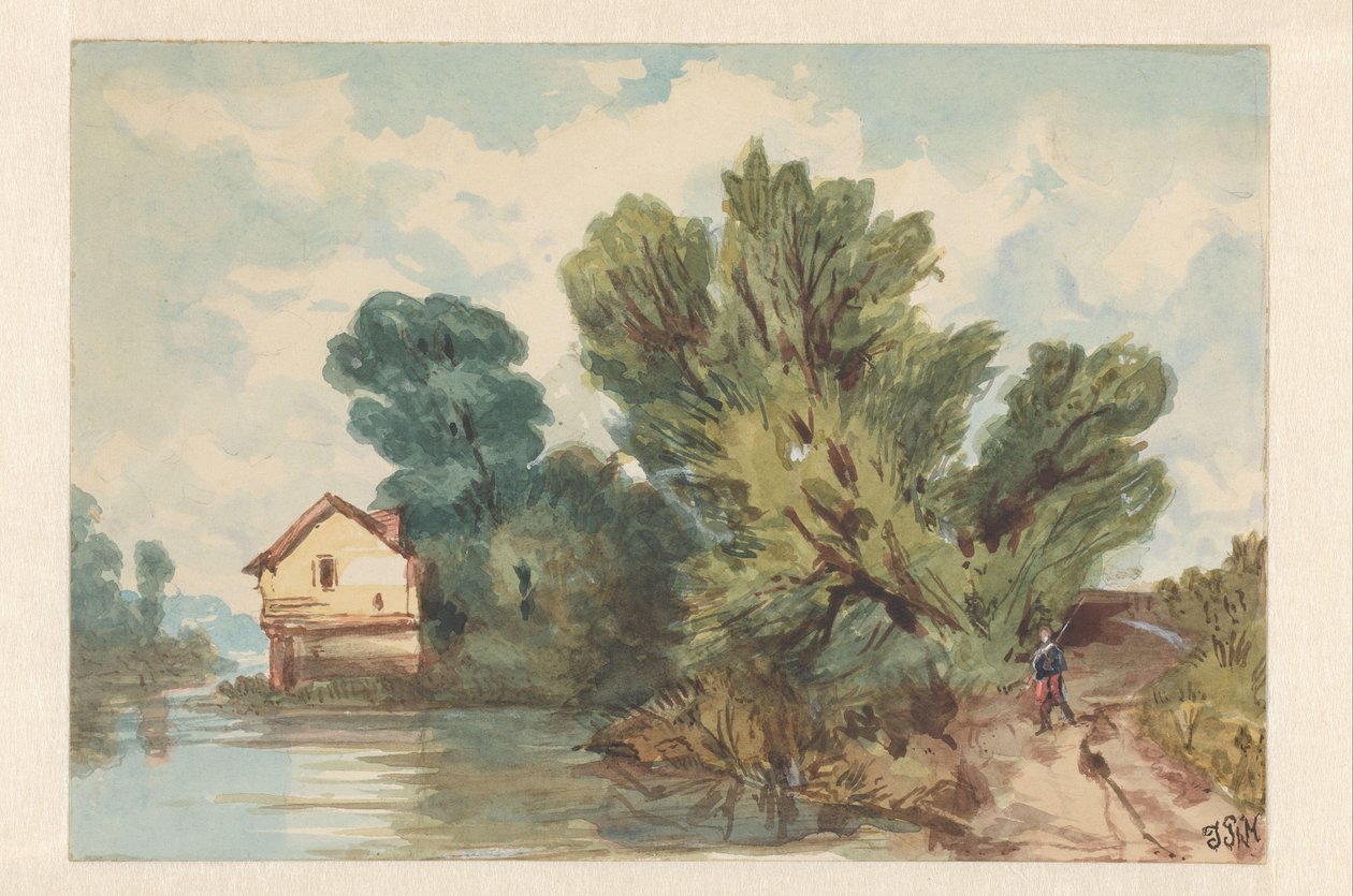 Landscape with Walker and House by the Water by Judith Ph. Metelerkamp (signed by artist)