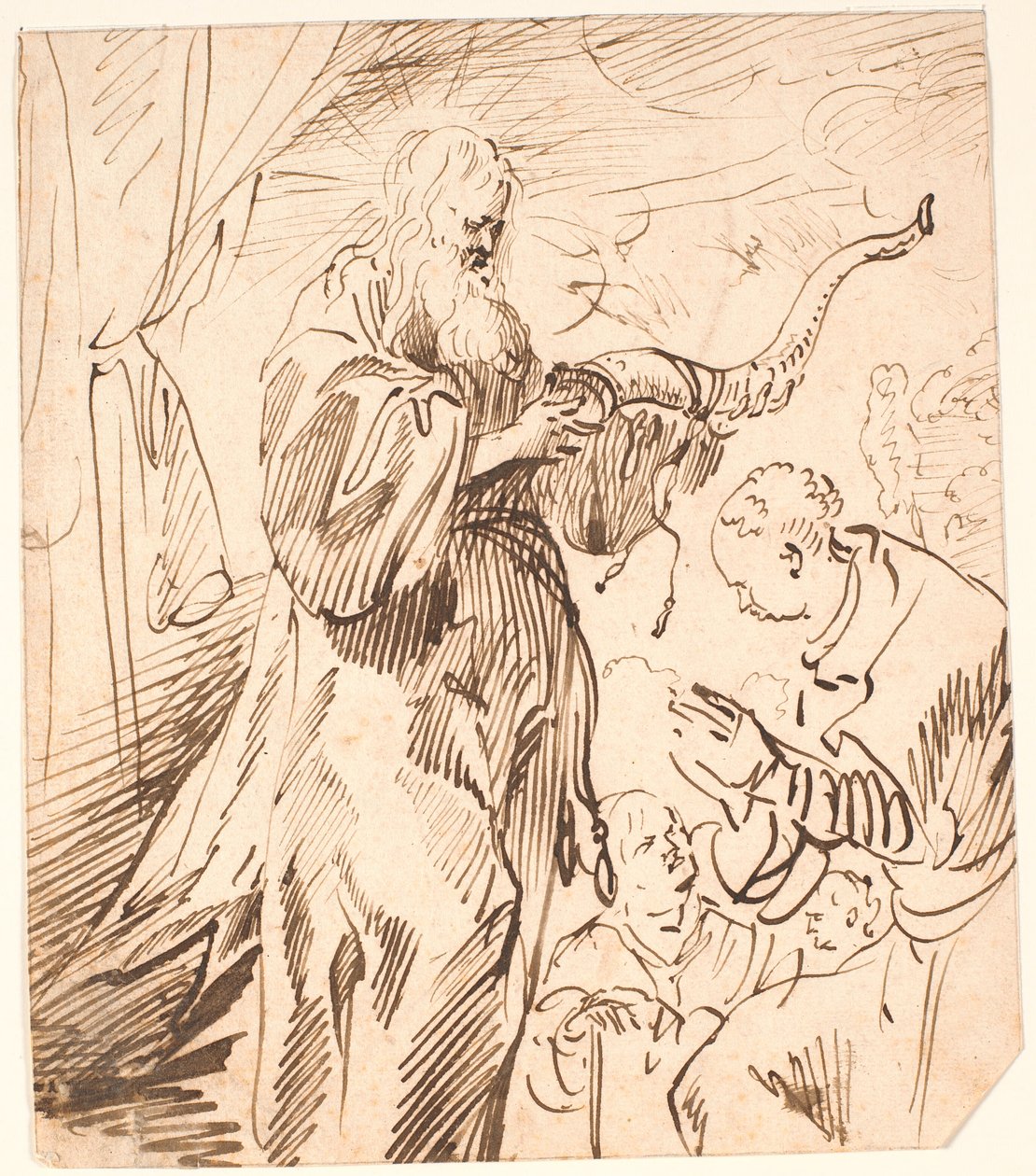 Holy Man with Horn in Hand, Surrounded by Three People by Jürgen Ovens