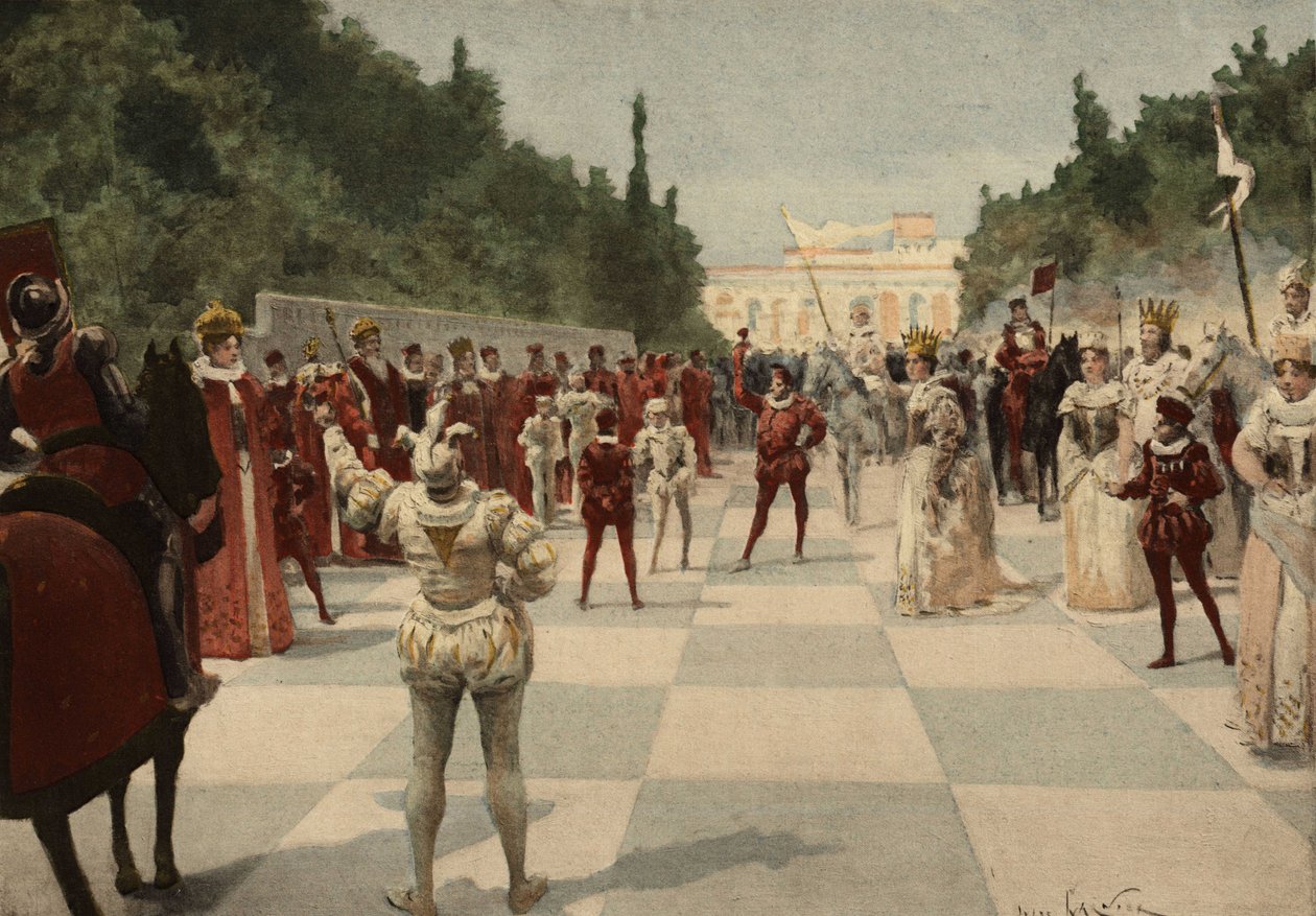 Ball Organized by the Queen in the Form of a Chess Game where the Pawns are Human Beings. Kingdom of Entelechie. Pantagruel. Illustration by Jules Garnier. In 