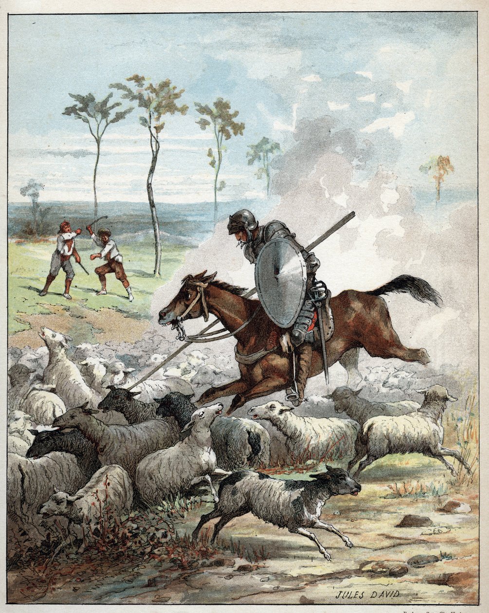 Don Quixote killing sheep thinking they were knights - Don Quixote on his horse pierces the sheep he takes for knights - Illustration of Jules David (1808-1892) from Histoire de Don Quixote (Don Quixote) - 1887 - by Miguel de Cervantes Saavedra (1547-1616) by Jules David