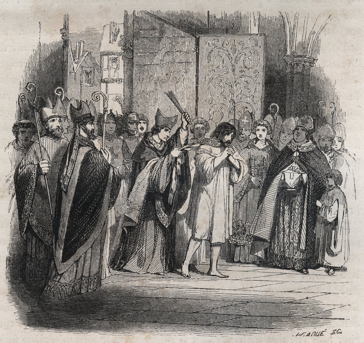 Penance of Raymond VI, count of Toulouse - On 22/06/1209 Raymond VI Count of Toulouse, excommunicated by Pope Innocent III for not pursuing the Cathars, accused of being the instigator of the assassination of Pierre de Castelnau, made an by Jules David