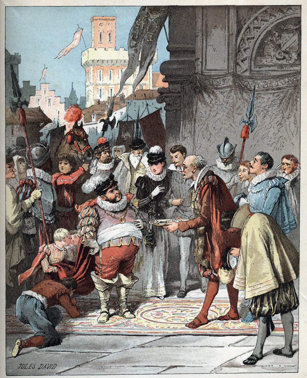 Sancho Panza appointed as governor of Barataria island - Illustration of Jules David (1808-1892) from Histoire de Don Quixote (Don Quixote) - 1887 - by Miguel de Cervantes Saavedra (1547-1616) by Jules David