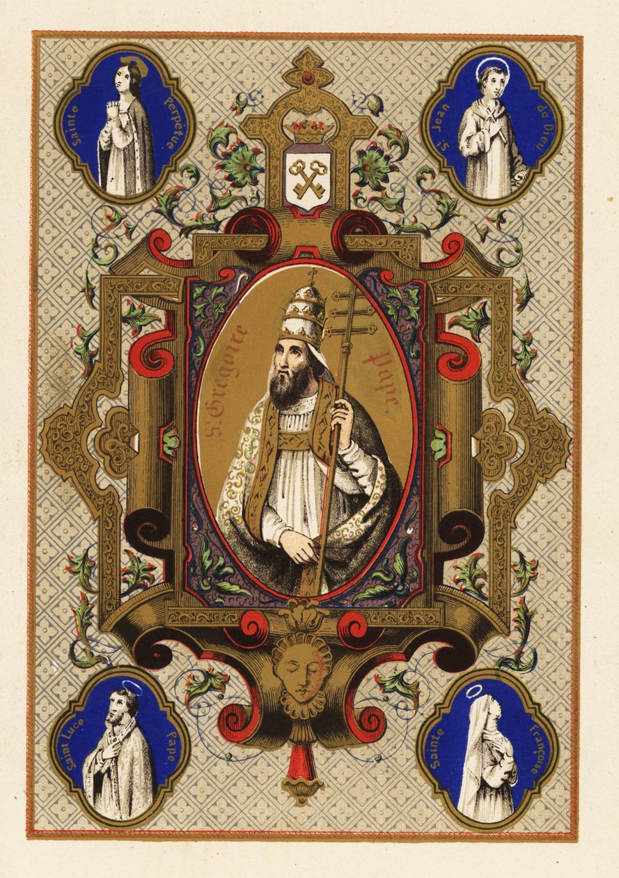 Portrait of Saint Gregory, Pope Gregory I, with triregnum or triple crown, and Papal ferula, within a decorative border by Jules Desportes