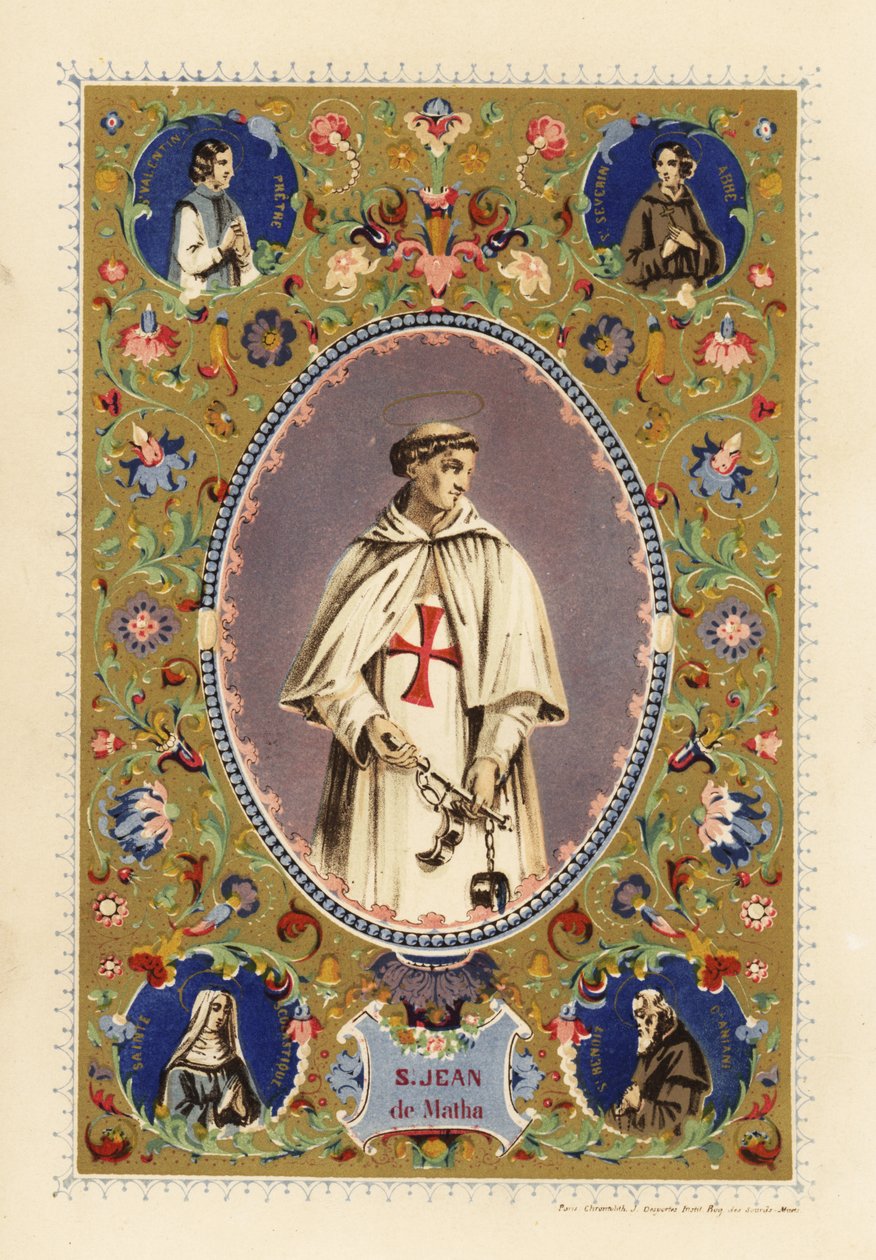 Portrait of Saint John of Matha, Founder of the Order of the Most Holy Trinity, with Halo, in Crusader Robes, Holding Shackles of Freed Christians by Jules Desportes