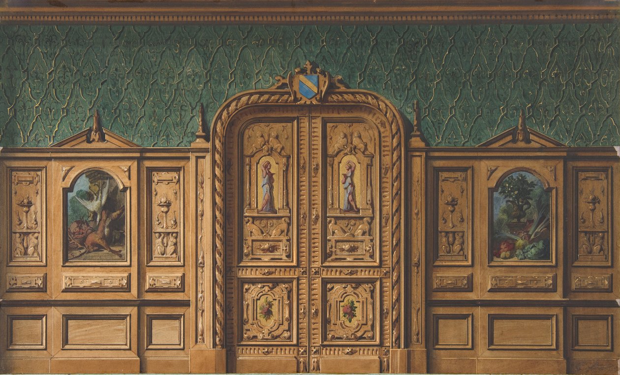 Design for a room with wood panels inset with paintings and a heavily-carved double door, 1830-97 by Jules Edmond Charles Lachaise and Eugène Pierre Gourdet