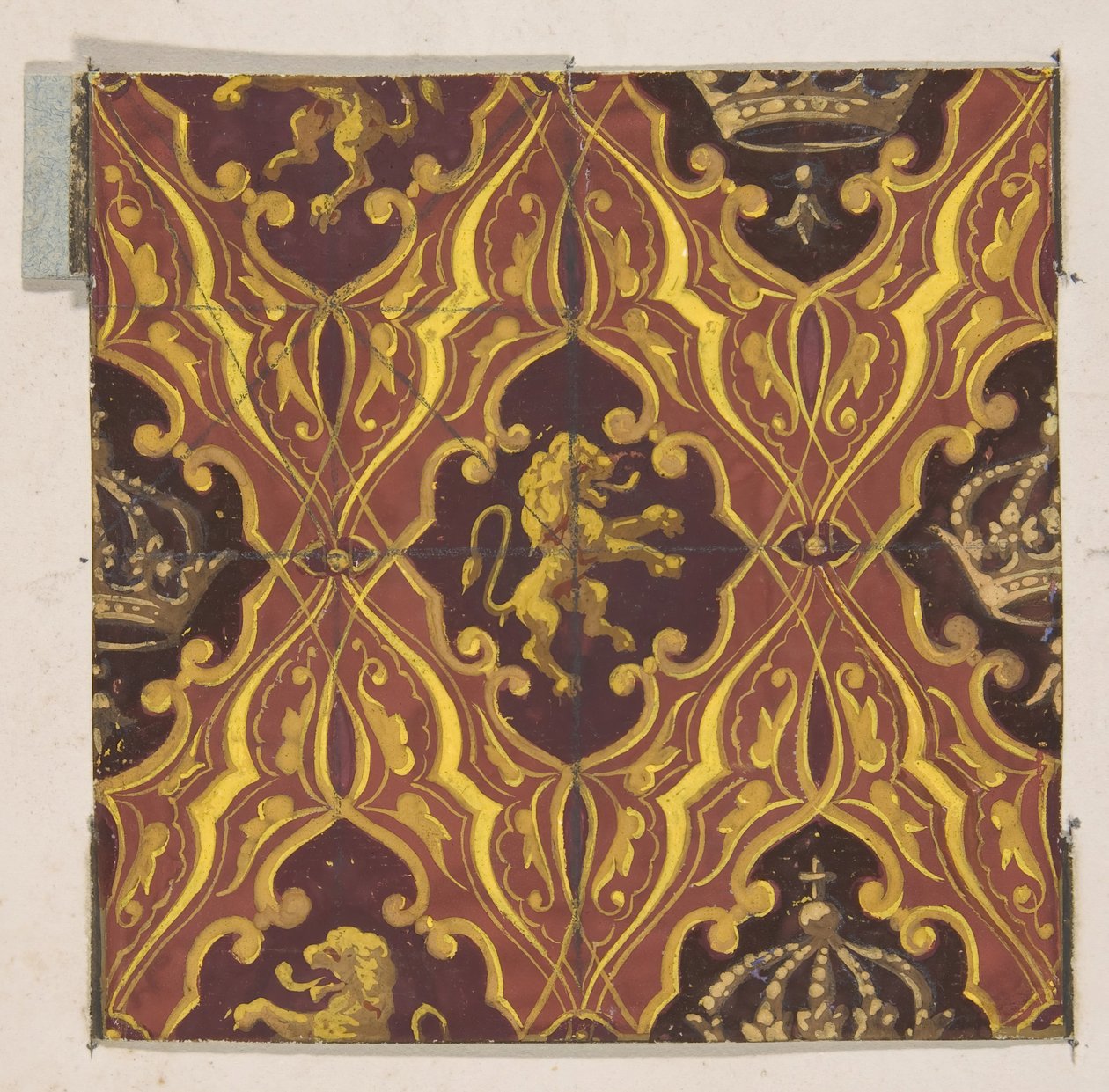 Design for wallpaper featuring rampant lions and crowns, 1830-97 by Jules Edmond Charles Lachaise and Eugène Pierre Gourdet