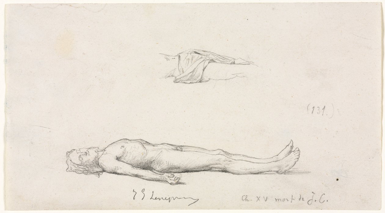 Sketch of the Dead Christ, and Detail Sketch of Loincloth by Jules Eugene Lenepveu