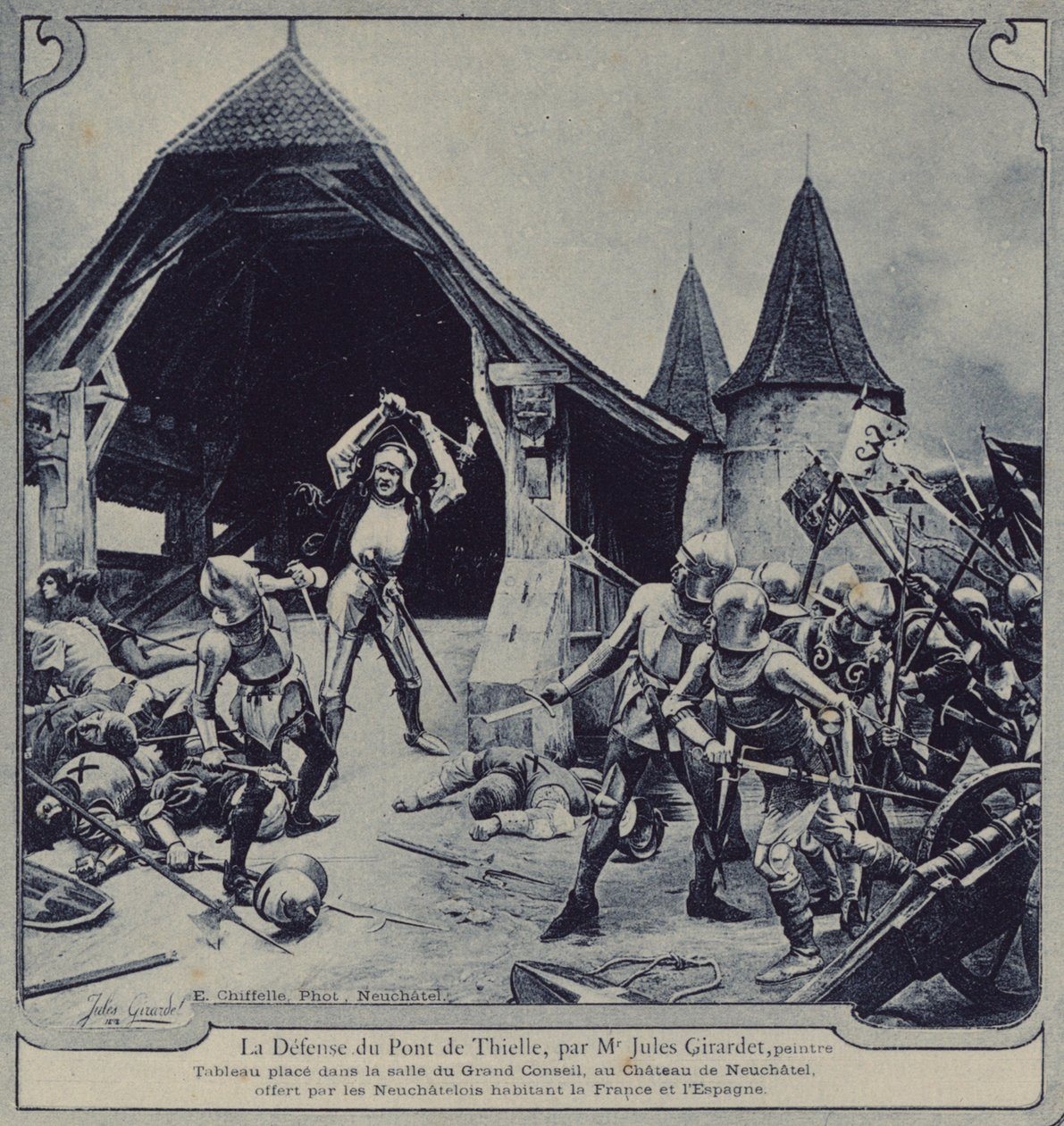Defense of the Bridge of Thielle by Jacques Baillod by Jules Girardet